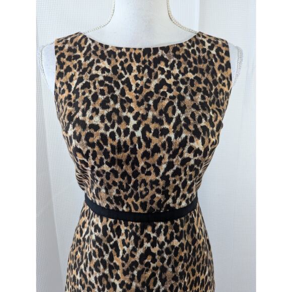 ANN TAYLOR LOFT PETITES! BLACK/BROWN GROSGRAIN RIBBON WAIST LEOPARD DRESS! SZ 2P - Picture 3 of 9